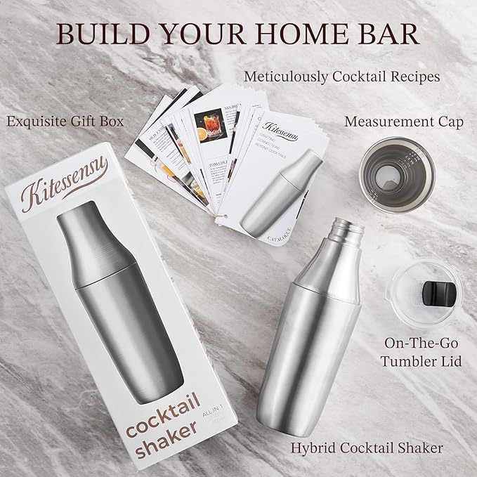 Kitessensu Hybrid Cocktail Shaker | Vacuum Insulated Stainless Steel Martini Shaker with Double Wall Martini Cup | Integrated Measuring System | Tumbler Lid & Cocktail Recipes Included | Silver