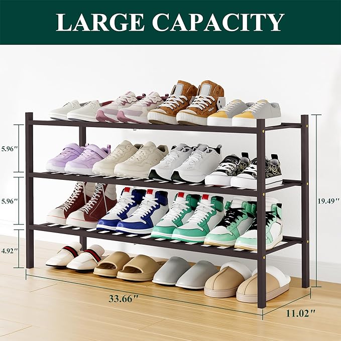 Smiry Shoe Rack, 3 Tier Long Bamboo Shoe Organizer, Stackable Free Standing Wooden Shoe Storage Shelf for Closet, Entryway, Front Door Entrance, Brown