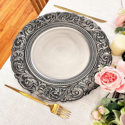 Antique Silver Charger Plates Embossed Rim, 13 Inch Dinner Plate Chargers Round