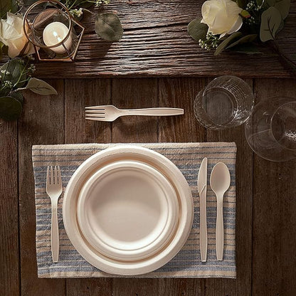 250 Piece (50 Sets) Biodegradable Paper Plates Set (EXTRA LONG UTENSILS), Disposable Dinnerware Set, Eco Friendly Compostable Plates & Utensil include Plates, Bowls, Forks, Knives and Spoons