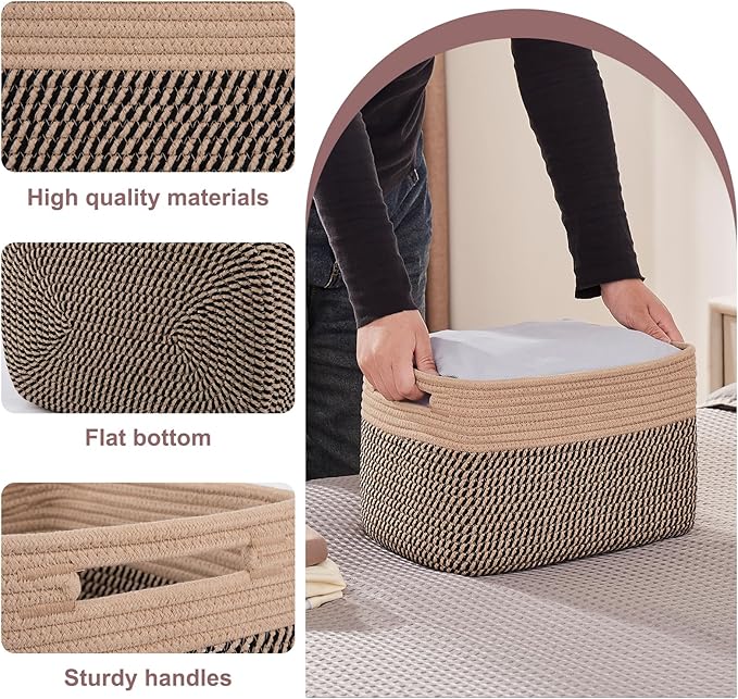 OIAHOMY 4 Pack Storage Baskets for Organizing, Basket for Shelves with Handle, Woven Baskets for Storage Toys, Towels, Books, Cotton Rope Basket 13" L x 9 " W x 7.8 " H, Brown & Black