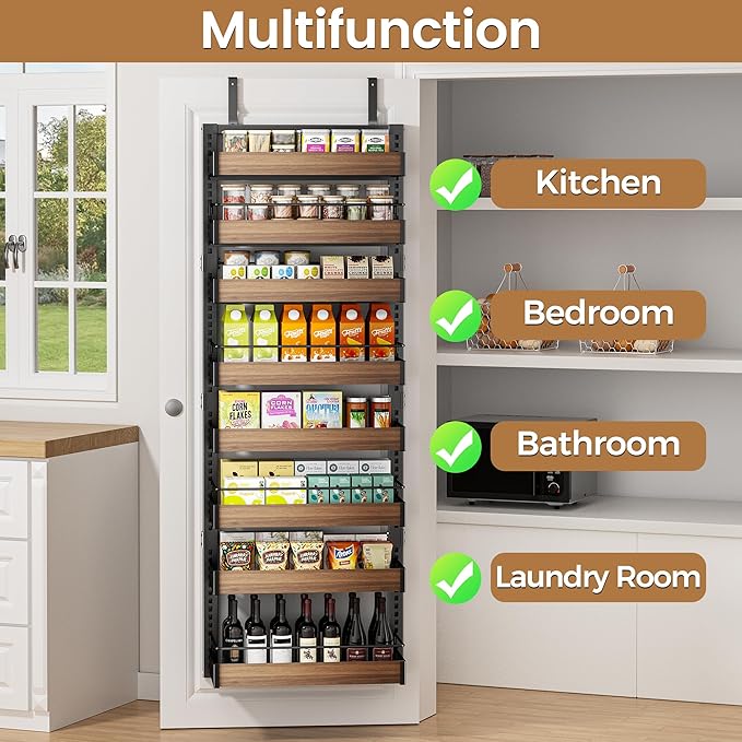 8 Tier Over The Door Pantry Organizer, 2 IN 1 Wall Mount or Hanging Spice Rack Seasoning Shelves with Adjustable Basket, Back of Door Organizer and Storage for Kitchen Cabinet and Room Closet