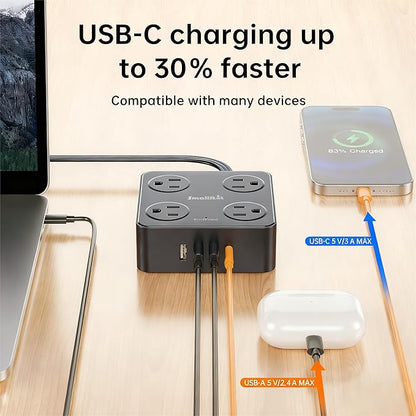 Flat Plug Power Strip with USB C, 6.5FT Flat Extension Cord - 8 AC Outlets and 4 USB(1 USB C), Power Strip with Surge Protector, Wall Mount Charging Station Office Home (Black, 15 FT)