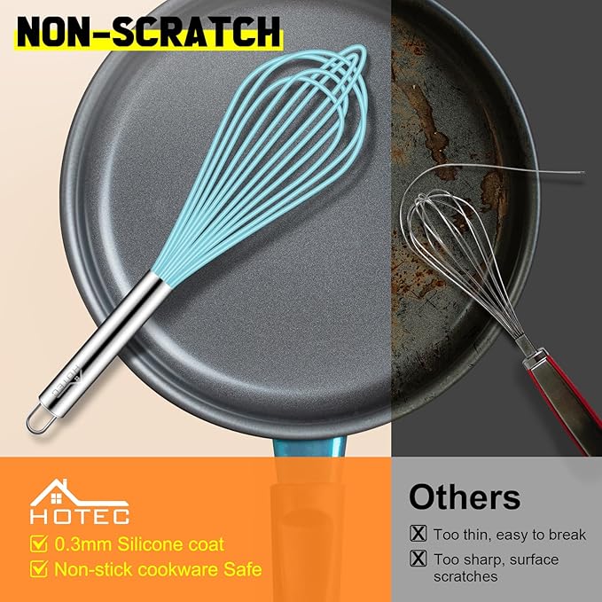 HOTEC 4 Pieces Silicone Whisks Set, Wire Balloon Whisks Egg Beater, Non-slip Handle Whisk for Non-stick Cookware Perfect for Cooking, Stirring, Beating and Blending (Blue)