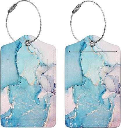 2 Pcs Luggage Tags for Suitcase, Cute Unique PU Leather Travel Bag Tag with Privacy Cover ID Label Address Card and Durable Metal Ring Suitable for Men Women Children Backpack,Blue Marble