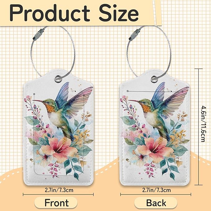 Hummingbird Flowers 3 Pack Luggage Tags for Suitcases, Cute Leather Name Tag with Privacy Cover with Stainless Steel Loops, Travel ID Bag Tags for Women Men