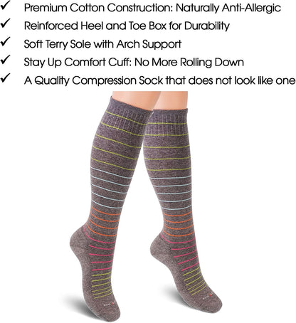 Cotton Compression Socks for Women & Men. 15-20 mmHg Support Knee-High Color Dots X/W
