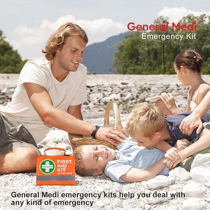 General Medi First Aid Kit - 150 Pieces Small Compact First Aid Kit Bag - Includes Instant Cold Pack, Emergency Blanket for Travel, Home, Office, Vehicle, Camping（Orange）