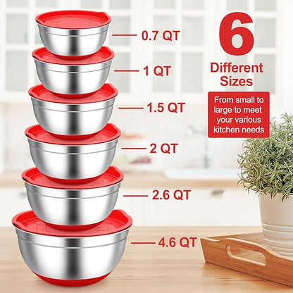 TeamFar Mixing Bowls, Red Mixing Bowls with Lids Set, Stainless Steel Nesting Salad Bowl with Air-tight Lid & Silicone Bottom, Non Slip & Stackable - Set of 6-4.6/2.6/2 / 1.5/1 / 0.7 Qt