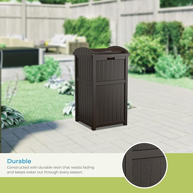 Suncast 33 Gallon Durable Plastic Hideaway Outdoor Garbage Can with Secure Lid and Wicker Design for Home Backyards, Decks, or Patios, Java Brown