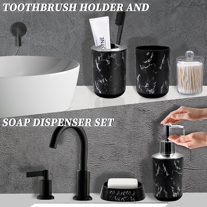 Black Marble Bathroom Accessories Set, Black Bathroom Set with Trash Can, Vanity Tray, Soap Dispenser, Soap Dish, Toothbrush Holder, Toothbrush Cup, Toilet Brush and Qtip Holders for Bathroom