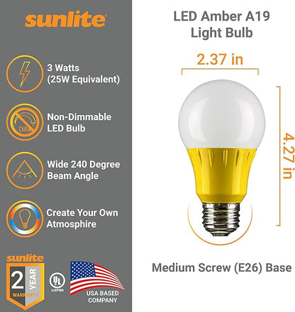 Sunlite 40472 LED A19 Colored Light Bulb, 3 Watts (25w Equivalent), E26 Medium Base, Non-Dimmable, UL Listed, Party Decoration, Holiday Lighting, 6 Count, Amber