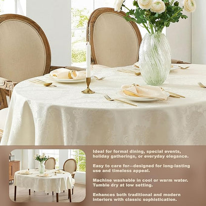 Newbridge Barcelona Luxury Damask Fabric Tablecloth, 60” Wide x 102” Oval, Antique White, 100% Polyester, No Iron, Soil Resistant Dining Room, Party and Banquet Table Cover
