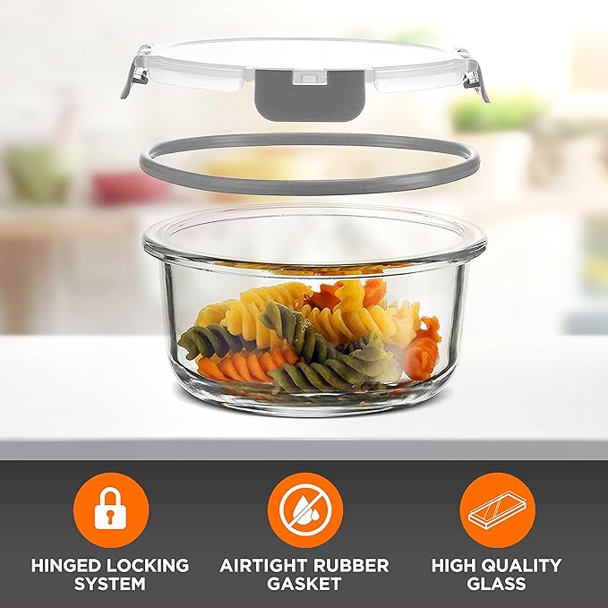 SereneLife 24 Piece Glass Storage Containers with Lids, 12 Pack Glass Meal Prep Container Set for Lunch, Kitchen Storage, Food Storage, Leak Proof, Freezer Safe and Dishwasher Safe, Gray