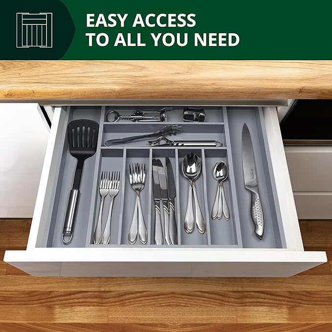 ROYAL CRAFT WOOD Luxury Bamboo Kitchen Drawer Organizer - Silverware Organizer - Utensil Holder and Cutlery Tray with Grooved Drawer Dividers for Flatware and Kitchen Utensils (9 Slot, Gray)