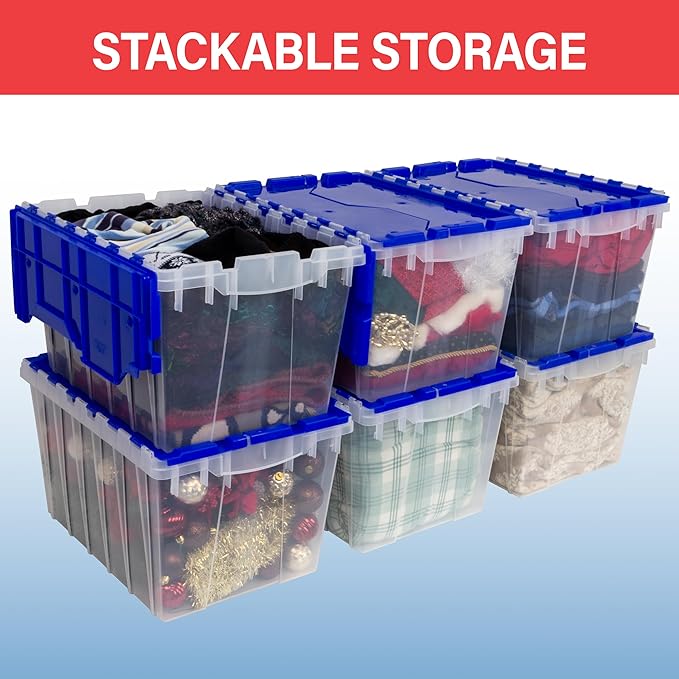 Akro-Mils KeepBox 12 Gallon Storage Container, Nesting and Stackable Plastic Storage Box with Lid Attached, Clear Tote for Garages, Closets, and Moving, 21-1/2" x 15" x 12-1/2", Black/Yellow