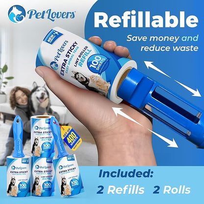 PetLovers Extra Sticky Lint Roller Ultimate Value Set 400 Sheets for Pet Hair Removal, Dog and Cat Lint Remover 4 Pack
