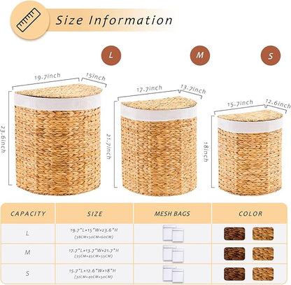 Half Round Wicker Laundry Hamper with Lid and 2 Removable Liner Bags, Handwoven Natural Water Hyacinth Laundry Basket for Dirty Clothes, Natural