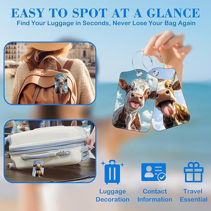 Cute Cow Sticking Out Tongue Luggage Tags for Suitcases Leather Travel Tags for Luggage ID Label with Privacy Cover and Stainless Steel Loop for Men Women Suitcase Backpack, Set of 2