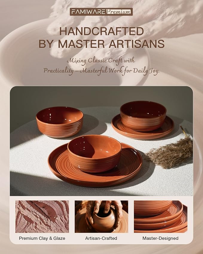 Dinnerware Set for 8, Ceramic Plates and Bowls, Terracotta | 24 pcs Speckled