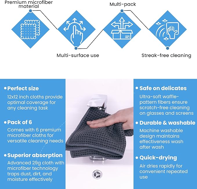 Waffle Weave Microfiber Cloths - 12 x 12 inches - Lint Free Cloth, Streak-Free Absorbent Microfiber Glasses Cleaning Cloth, Screens, Dusting & Appliances - 6 Pack Premium Cloth Wipes