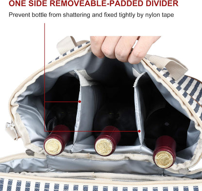 Tirrinia Insulated Wine Gift carrier - 3 Bottle Travel Padded Wine Carry Cooler Tote Bag with Handle and Adjustable Shoulder Strap, Stripe