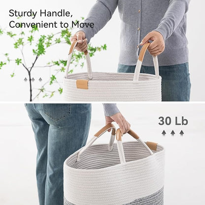 75L Striped Laundry Hamper with Leather Handles,Large Foldable Laundry Basket for Clothes,Cotton Rope Storage Bin for Blankets,Woven Clothes Basket for Bedroom,Gray Stripes