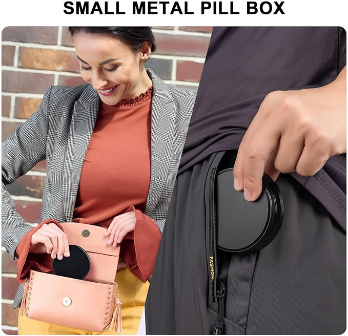 Daily Pill Organizer 4 Compartments - Metal Daily Small Pill Case Waterproof, Travel Pill Box for Purse, Compact Medicine Container Pill Dispensers Holder for Vitamin, Fish Oil, Supplement (Black)