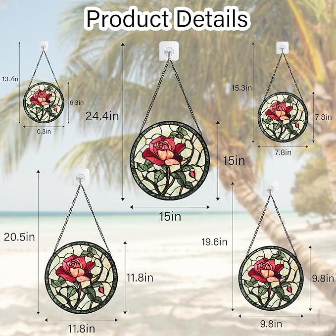 Stained Glass Window Hanging, Red Rose Flowers Sun Catcher for Door Garden Home Decor Suncatcher Christmas Mother's Day Birthday Gifts for Women Lovers Men Wife Girlfriend Mom Nana 7.8 in