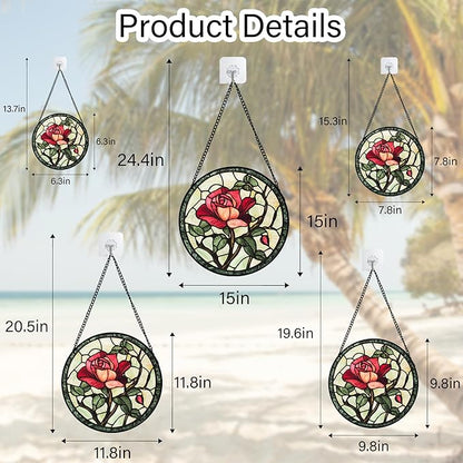 Stained Glass Window Hanging, Red Rose Flowers Sun Catcher for Door Garden Home Decor Suncatcher Christmas Mother's Day Birthday Gifts for Women Lovers Men Wife Girlfriend Mom Nana 7.8 in