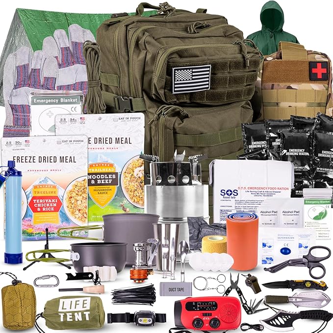 72-Hour Survival Kit | Emergency Bug Out Bag with First Aid, Water Filter, Food, Tools | 45L Tactical Backpack for Camping, Hiking, Outdoor Emergency Preparedness