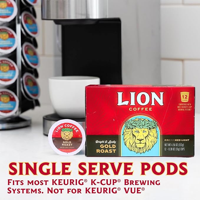 Lion Coffee Gold Roast Coffee Pods - Single-Serve Pods - Smooth Medium Roast - Arabica Coffee - Compatible with Single-Serve Brewing Systems - 12 Count Box