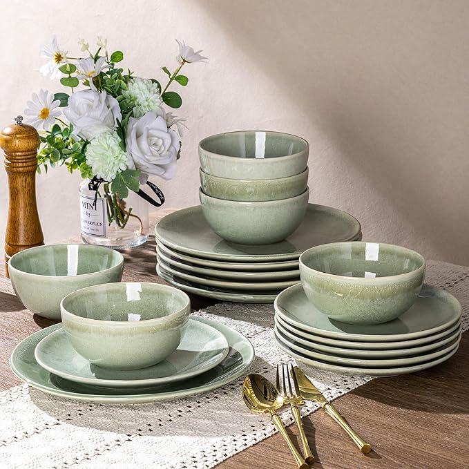 AmorArc Ceramic Dinnerware Sets for 6, 18 Pieces Handpainted Plates and Bowls Set, Scratch Resistant Stoneware Dishes Set, Dishwasher & Microwave Safe, Olive Green