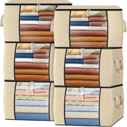Fab totes 24 Gallons Clothes Storage, Foldable Thick Fabric Blanket Storage Bags, Containers for Organizing Bedroom, Closet, Clothing, Comforter, Organization with Handle (6 Pack,Beige)