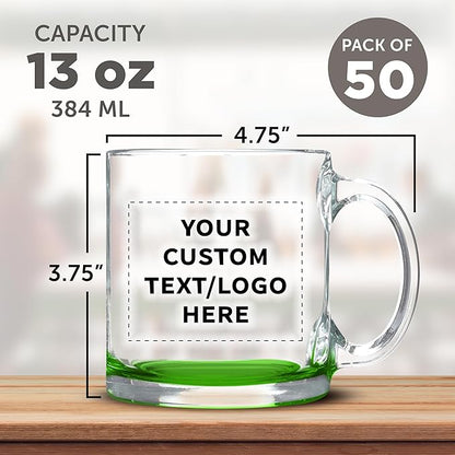 Custom Libbey Clear Glass Coffee Mugs 13 oz. Set of 50, Personalized Bulk Pack - Perfect for Coffee, Tea, Espresso, Hot Cocoa, Other Beverages - Green Bottom