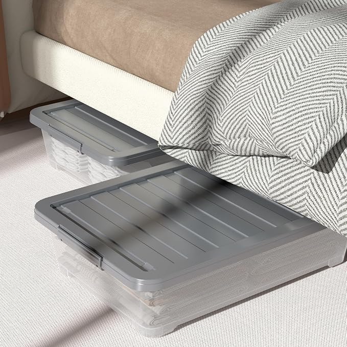 Readsky 3 Packs Large Clear Wheeled Latching Box, 40 L Plastic Underbed Storage Box with Gray Lid