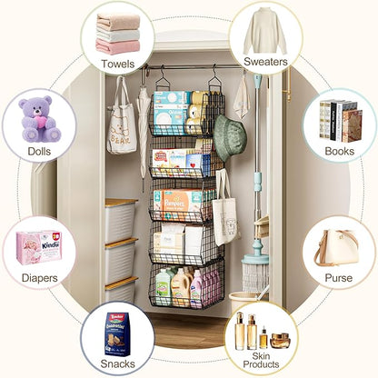Deeper 4'' Design 5 Tier Foldable Hanging Closet Organizer and Storage，Wire Cabinet Shelves and Rack with 5 S Hooks,Stackable Metal Basket Bins for Clothes Shoe Purse,Holder for Wardrobe Dorm,Black