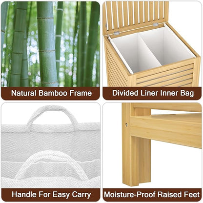 Homykic Bamboo Laundry Hamper with Lid, 120L Large Clothes Laundry Sorter with Removable 2-Section Liner Bag, Raised Laundry Basket Organizer for Clothing, Bathroom, Bedroom, Laundry Room, Natural