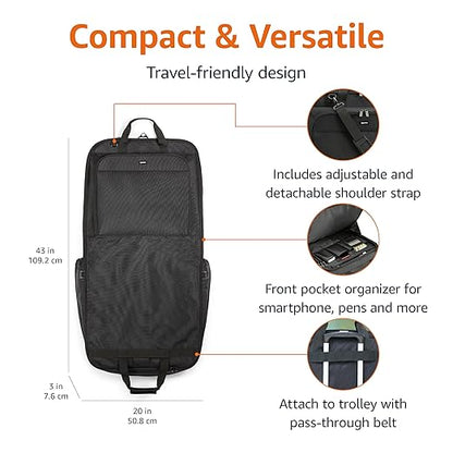 Amazon Basics 43" Premium Garment Bag for Travel, Suit Bag with Shoulder Strap for Suits and Dresses, 1680D Polyester Fabric, Exterior/Interior Pockets, Leather-reinforced Corners, Trifold, Black