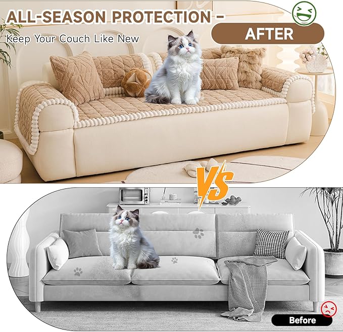 OTOB Plush Couch Cover for Dogs Washable, Non Slip Fuzzy Soft Armrest Backrest Sofa Slipcovers Geometric Jacquard Pet Friendly Couch Covers Protector All Season, 1 Piece (Coffee, 27.6"x27.6")