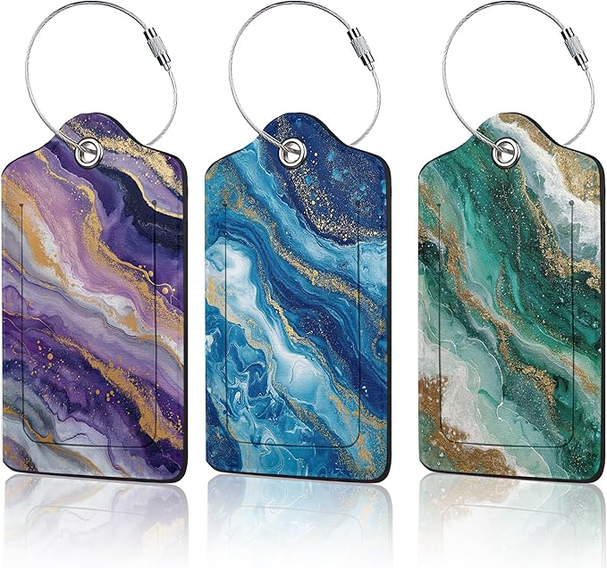 3 Pack PU Leahter Abstract Marble Liquild Luggage Tag with Stainless Steel Loop,Colorful Travel Suitcase Labels with Privacy Cover ID Label Quickly Spot for Bags