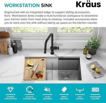 KRAUS Kore 33-Inch Undermount Workstation 16 Gauge Double Bowl Stainless Steel Kitchen Sink with Accessories, KWU112-33