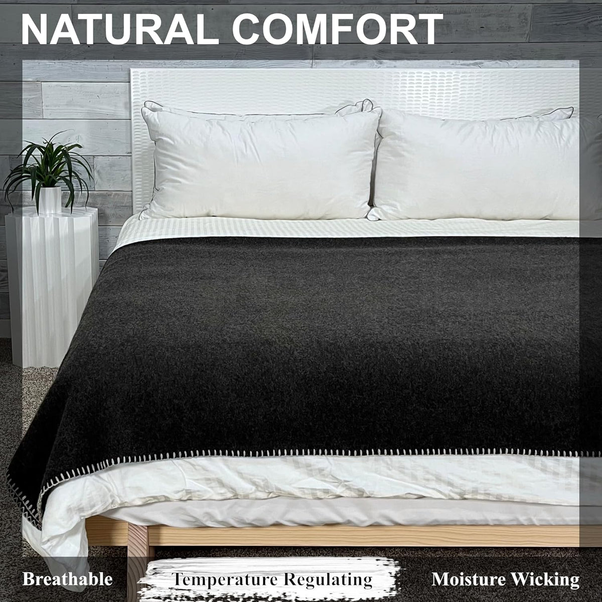 EKTOS 100% Virgin Wool Blanket, 90" x 108", Warm, Thick Fabric, XL, Winter Essentials (Charcoal, King Size)