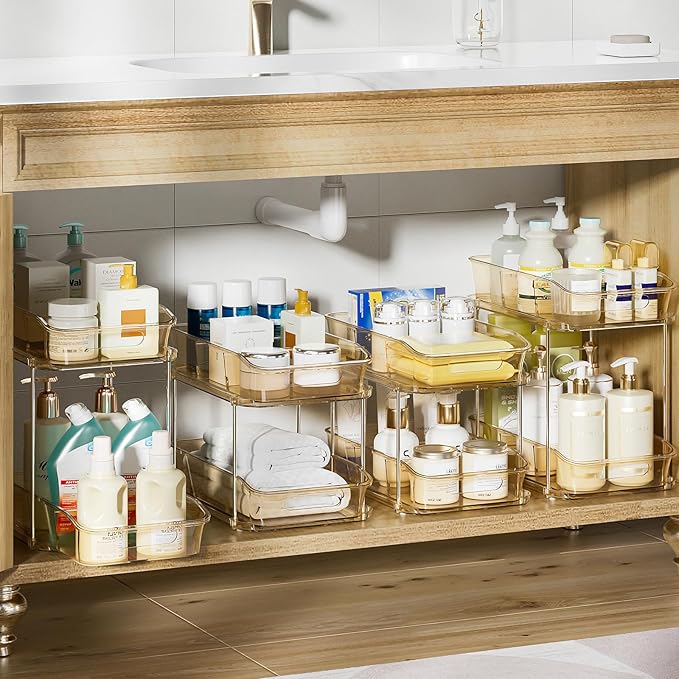 Delamu 2-Tier Under Sink Organizers and Storage, Multi-Purpose Stackable Bathroom Cabinet Organizers, Pull Out Kitchen Pantry Organization and Storage with Dividers Amber, 4 Pack