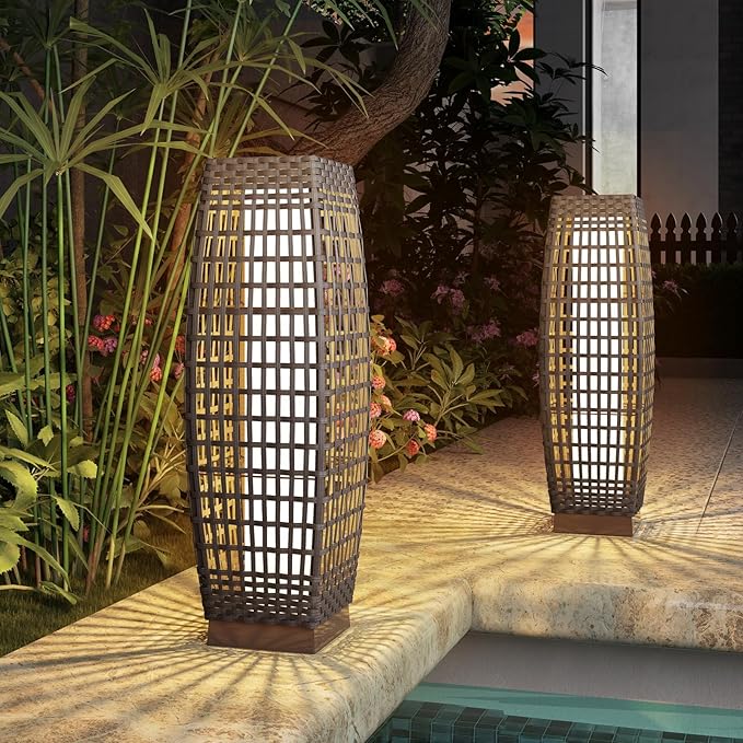 Grand patio Outdoor Floor Lamp Solar Powered Lantern Water-Resistant Wicker Deck Light for Garden or Porch - Medium Fuji, Silver Gray