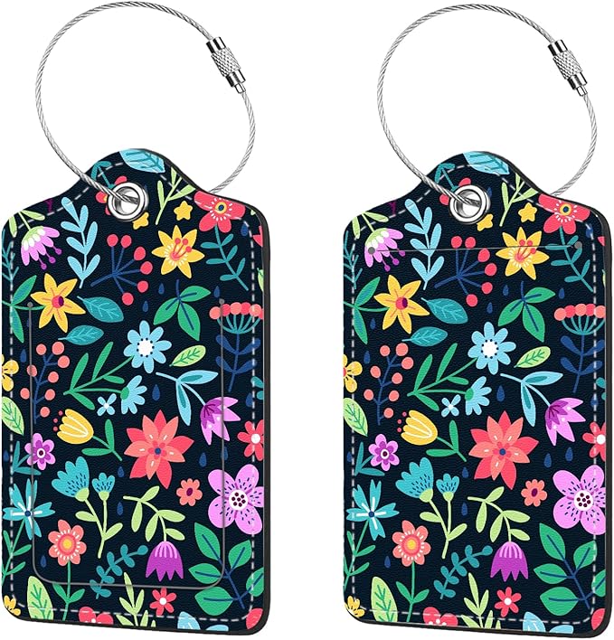 2 Pcs Luggage Tags for Suitcase, Cute Unique PU Leather Travel Bag Tag with Privacy Cover ID Label Address Card and Durable Metal Ring Suitable for Men Women Children Backpack,Crushed Flower