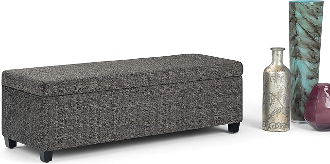 SIMPLIHOME Avalon 48 inch Wide Contemporary Rectangle Storage Ottoman Bench in Dark Grey Tweed Look Fabric, Assembled, For the Living Room, Entryway and Family Room
