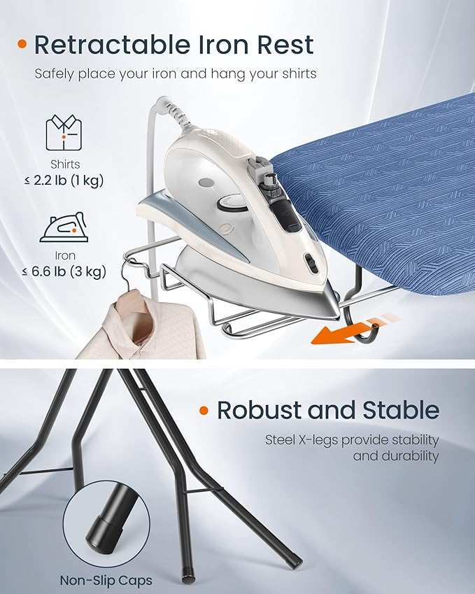 SONGMICS Ironing Board, Foldable Iron Board, Height Adjustable up to 35 Inches, with 4 Layered Cover and Pad, Iron Rest, Hook, Steel X-Legs, for Home, Laundry Room, Dorm, Midnight Blue ULLB001Q01