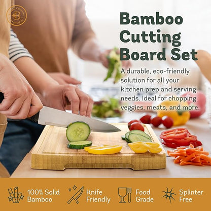Wood Cutting Boards for Kitchen - Bamboo Cutting Board Set with Deep Juice Groove & Side Handles - Carving Chopping Board Butcher Block for Meat, Vegetables, Charcuterie, Cheese, Serving, or Meal Prep