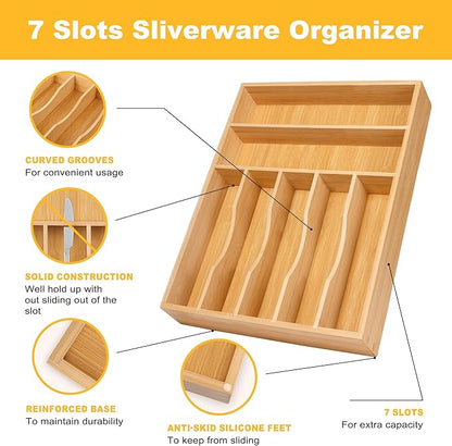 Kitchen Bamboo Silverware Organizer, Kitchen Drawer Organizer - Utensil Holder and Cutlery Tray with Grooved Drawer Dividers for Flatware 7 Slot, Natural